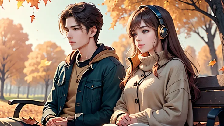 Young man and woman with headphones, sitting on a bench under golden autumn trees, sharing headphones, soft falling leaves, warm cozy clothes, serene anime vibe