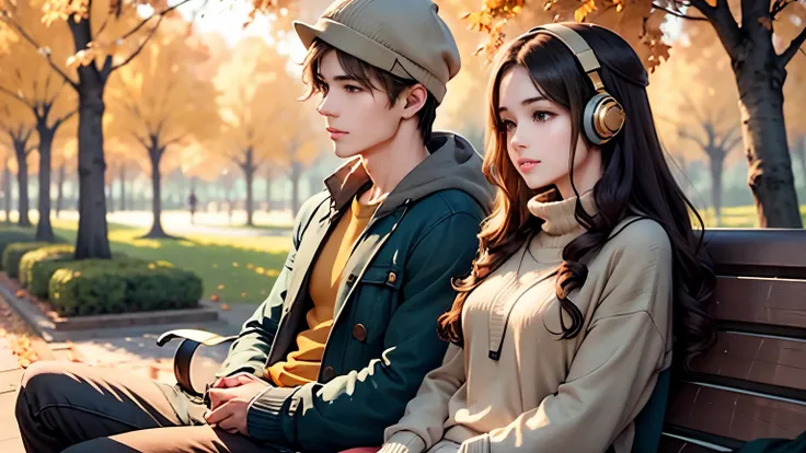 Young man and woman with headphones, sitting on a bench under golden autumn trees, sharing headphones, soft falling leaves, warm cozy clothes, serene anime vibe