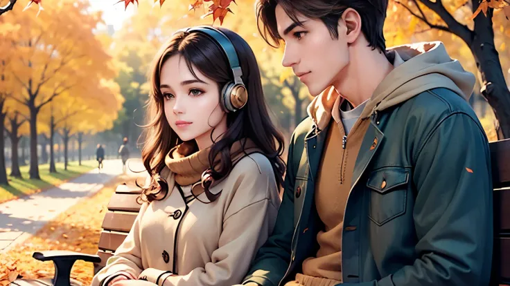 Man and woman with headphones, sitting on a bench under golden autumn trees, sharing headphones, soft falling leaves, warm cozy clothes, serene anime vibe