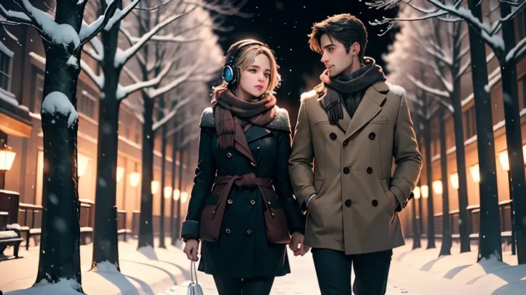 Man and woman with headphones,  standing under a snow-covered tree, headphones on, snowflakes falling slowly, warm scarves and winter jackets, quiet magical night, cinematic lighting