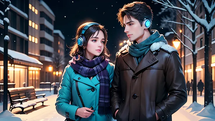 Man and woman with headphones,  standing under a snow-covered tree, headphones on, snowflakes falling slowly, warm scarves and winter jackets, quiet magical night, cinematic blue/cyan/purple lighting. Sparkles. urban