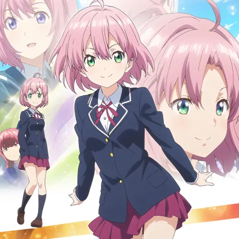 Anime Styles, Pink hair, Ahoge, very short hair, green eye, blue school outfit, medium Breasts, Magenta mini skirt, black long socks, school shoes, White Background, smile, girl, anime girl, HD, Illustration
