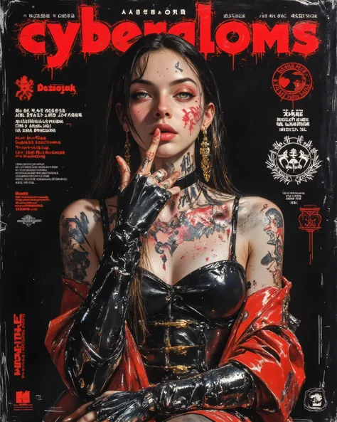 wicked, Dark and dangerous world of picture books！、((Dangerous World:1.2)) fashion photography、((Movie poster: "Cybergloms" Olbamedusa presents:1.2))、portrait,a young woman, Photorealistic, Later ,genuine leather  ,armor ,  super fine ,mafia  ,facial tatto...