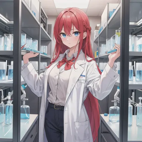 Depict a 20-year-old, stunningly beautiful woman conducting an experiment in a well-equipped science lab. She wears a pristine white lab coat over professional attire, her expression focused as she carefully handles scientific instruments. Whether her hair...