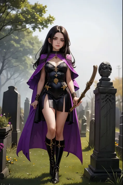 A middle-aged witch with long, silver-streaked raven hair hovers over a mist-shrouded cemetery. Her face is both wise and mysterious, marked by a timeless beauty. She wears a dark purple cloak adorned with arcane symbols, which billows in the wind. She clu...