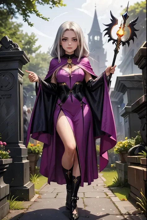 A middle-aged witch with long, silver-streaked raven hair hovers over a mist-shrouded cemetery. Her face is both wise and mysterious, marked by a timeless beauty. She wears a dark purple cloak adorned with arcane symbols, which billows in the wind. She clu...