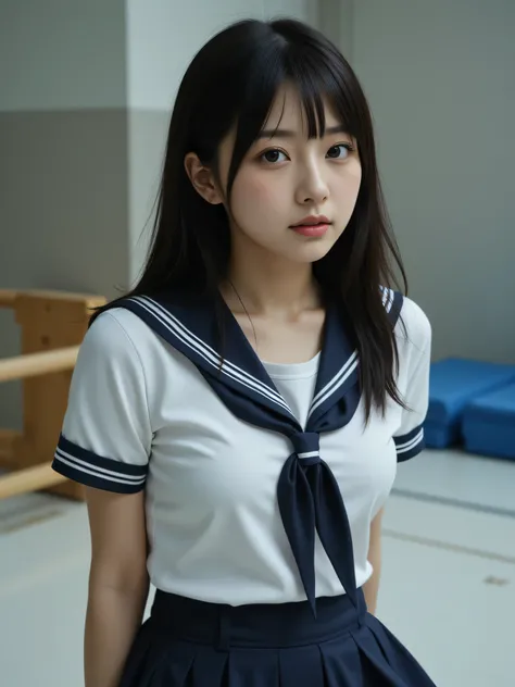 japanese cute idol, Japanese cute girl, kawaii, a beautiful young girl dressed up as a sailor, 1girl, solo, school uniform, serafuku, skirt, (The normal face of Japan),(The plain face of Japan ),(Curvy Body),(High school uniform、Wearing school uniform) ...
