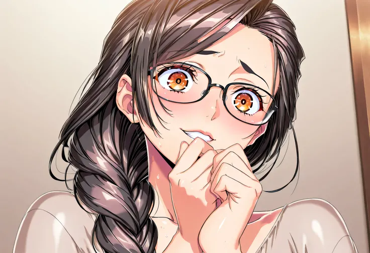 (Yokota Mamoru style),masterpiece, top quality, Newest, high resolution, 1 girl,stare at the viewers,Charming smile,(portrait :1.4)、( blind mature woman ), charming mature housewife, glasses Wear clothes, dark haired, long braided ponytail, sensual表...