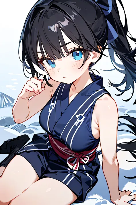 NINJA WIND，Beautiful girl，（cool x ponytail），Mysterious Atmosphere， natural body，Hand guard，（（Ninja costume＝Sleeveless x navy blue yukata））Black Shorts， socks，Detailed Clothes，（Slender Body，marshmallow breasts ，），BEAUTIFUL BLACK HAIR，Beautiful blue eyes ，we...