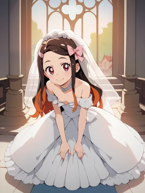 score_9, score_8_up, score_7_up, score_6_up, Source_Anime, nsfw，Tiny kindergarten girl，baby-like face，  big head，round face watching，skinny:1.3，Kamado Nezuko，masterpiece:1.2，((off-shoulder wedding dress，Veil，Chapel))，Front view，Smile，Perfectly Reproduce Yo...