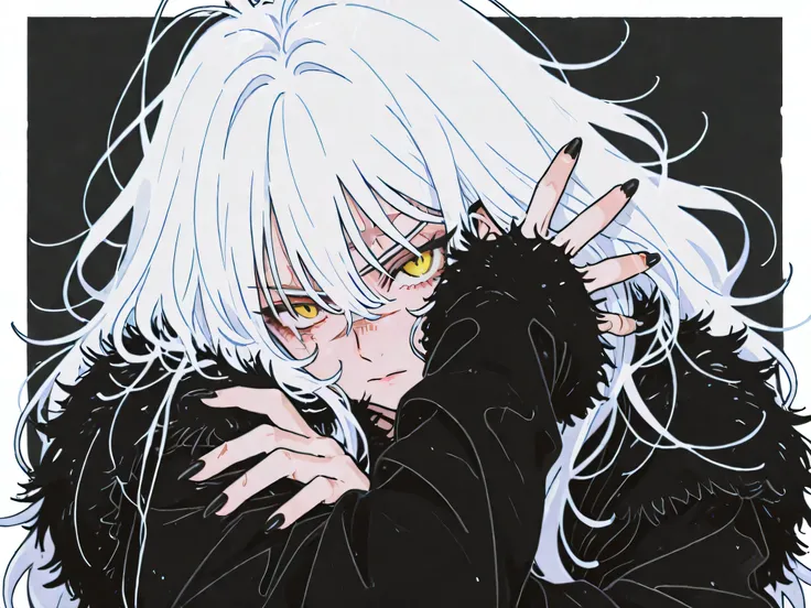 white long messy hair, yellow eyes, scar on left eye, dynamic pose, fierce look, transparent hair, black fur coat, black and white palette, long nails