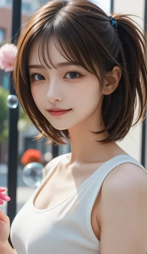 (masterpiece), ( top quality ), ( super detailed ),( disheveled hair),( illustrations), ( 1 girl), ( High fashion clothes with beautiful scenery in the background), in the library , fashion model, viewers, (interview), ( simple background), beautiful de...