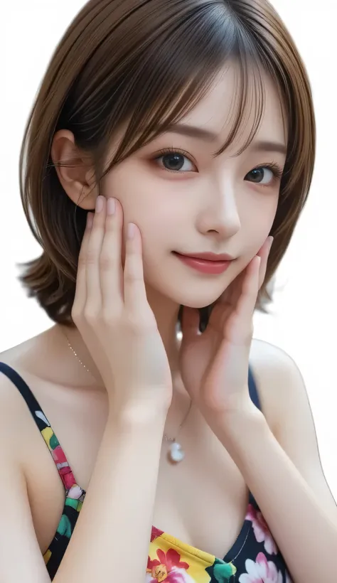 Portrait of a Beautiful Japanese Woman , Sophisticated Close Up , Tiny Head, Put your hands on your cheeks , Oily skin, light brown hair , Unkempt Low Ponytail , Damp hair, Vivid Surreal Colors :1.331, sketch-style :1.331, High Definitio...