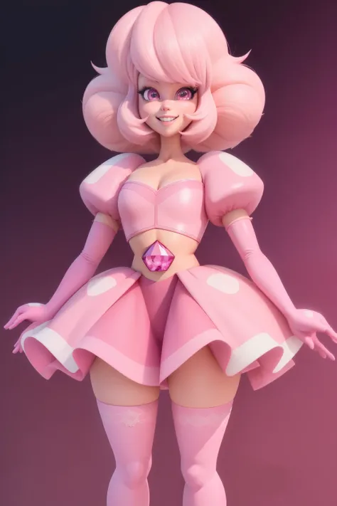 pnkdamond, pink hair, pink eyes,  big hair,  stomach gem,  pink skin,  toned, 
puffy short sleeves, elbow gloves ,  white thighhighs,   puffy dress, 
standing, upper body, 
 outerspace,  
(insanely detailed, beautiful detailed face,beautiful detailed eyes,...
