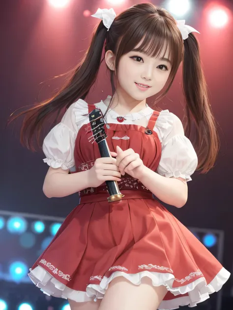 (top quality)、masterpiece、ANIMATIC STYLE、Great Highlights、vibrant festival stage、Sing live 、((Idol idol trio、Each participant has their own instrument))、A sea of penlights、 holding a microphone in their hands、Sexy woman、Glossy Brown Hair 、Middle Twin Tail、...