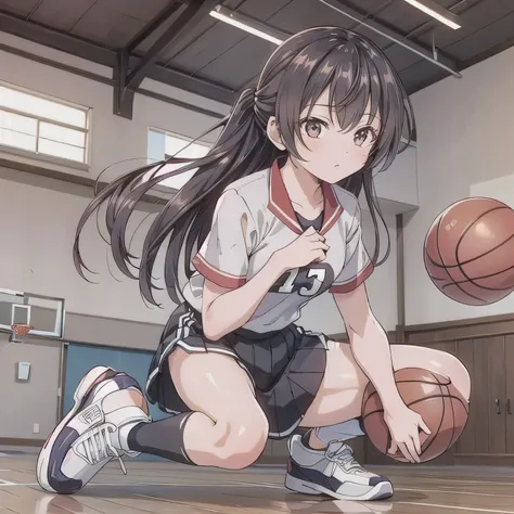 A young female basketball player makes a dynamic jump shot with elegance and control. She holds the ball firmly in both hands, her form showing strong confidence and skill. Her athletic uniform fits her form well, paired with high socks and sneakers in mat...
