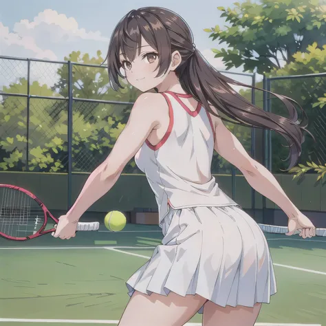 A young female tennis player in a sleek blue outfit stands ready, gripping her racket with both hands in a poised stance. Sunlight accentuates the crisp lines of her attire and the polished strings of the racket. Her determined gaze locks onto an unseen op...