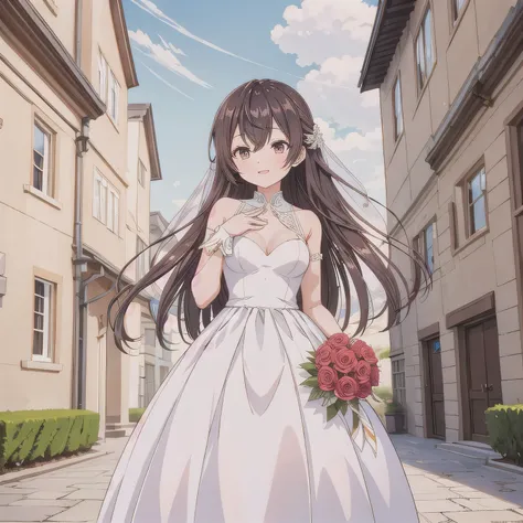 A breathtakingly beautiful 20-year-old woman stands in the courtyard of a luxurious mansion beneath a clear blue sky. She wears a white and blue wedding dress, holding a red bouquet gracefully in front of her chest. Her radiant smile and joyful expression ...