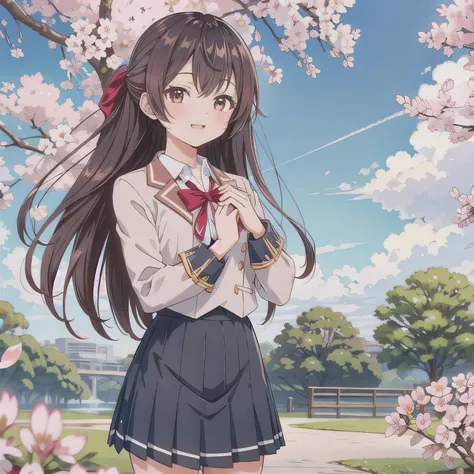 A breathtakingly beautiful 20-year-old woman stands in a lush park filled with cherry blossoms in full bloom beneath a clear blue sky. She wears a classic sailor uniform and gently holds a small, neatly wrapped gift box adorned with a red ribbon. Her radia...