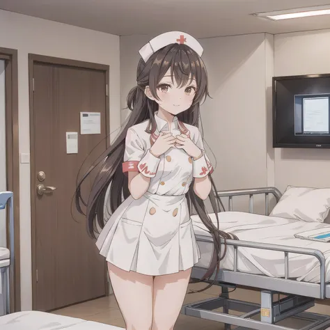 A breathtakingly beautiful 20-year-old woman stands in a warmly lit hospital room, dressed in a white mini-skirt nurse uniform with a matching cap. Her shy smile adds a touch of charm, while the surrounding medical equipment and furnishings create an authe...