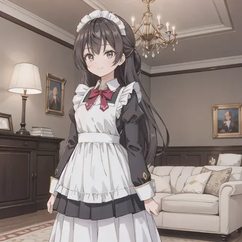 A breathtakingly beautiful 20-year-old woman stands in an opulent mansion room, dressed in a classic black-and-white maid outfit with a short hem and a white brim cap. Her confident smile radiates warmth. The room features elegant furnishings and decor bef...