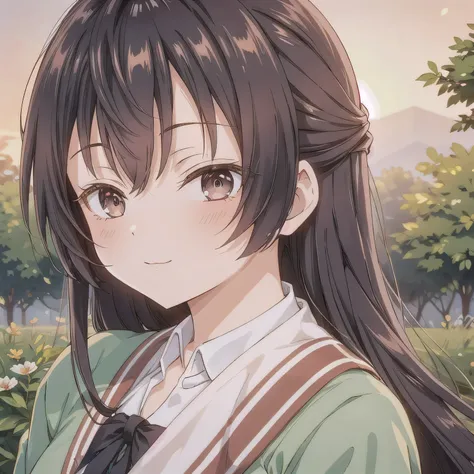 A breathtakingly beautiful 20-year-old woman stands in a lush green park at sunset, bathed in the warm golden light of the evening sun. Facing forward, her eyes gently closed, cheeks slightly flushed, and her face tilted upward as if anticipating a kiss, s...