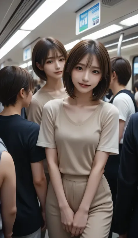 (Idiot: 1.5), 1 girl, (full body shot), 1 person, (((OLがIdiotされる: 1.5))), (very beautiful), (beautiful face: 1.5), the girl has her hands tied behind her back, girl is crying, (OL uniform: 1.2), ( in a crowded train in Japan: 1.5), man forcibly kisses her,...