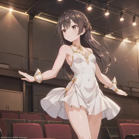 Depict a 20-year-old, exquisitely beautiful ballerina performing on a grand theater stage. She wears a delicate and intricately designed tutu, its soft fabric flowing with every movement. Her posture is impeccable, one leg extended in a perfect arabesque, ...