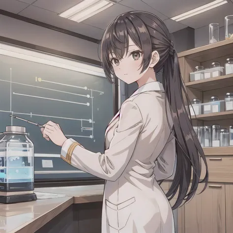 Depict a 20-year-old, stunningly beautiful woman conducting an experiment in a well-equipped science lab. She wears a pristine white lab coat over professional attire, her expression focused as she carefully handles scientific instruments. Whether her hair...