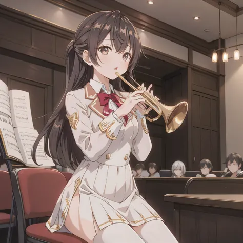 Depict a 20-year-old, dazzlingly beautiful woman playing a brass instrument in a grand concert hall. She wears an elegant yet practical band uniform, designed with intricate gold embroidery. Her posture is poised, fingers positioned with precision, her eye...