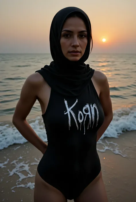 Front posing, "Wearing Scarf neck tie", Front posing, SUPER SKINNY,  (Thighs and calves small muscles), (((MOODY FACE EXPRESSION))), "Wearing Hijab perfectly",  wearing Scoop Neck Sleeveless 'Korn logo print' light blue Bodysuits singlet swimsuit, (KEDUA B...