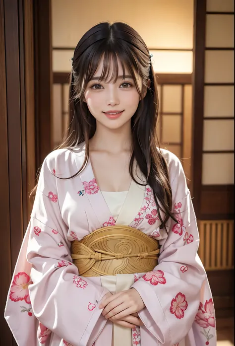 ・Women of Mucha、Photorealistic, Highly detailed face, 4K, Award-winning, , 1girl in, darkness, Deep Shadows, lowkey, (official clothing: 1.4), Long hair, ssmile、Glamour､The kimono 、White teeth, smile , beautiful 、sakura Momo、body 