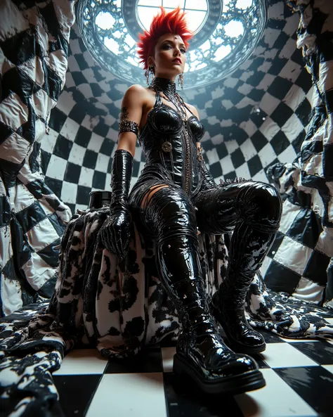 In an environment such as a checkerboard A surreal work that represents a Nordic woman fashion model. The beautiful punk metal woman wears black leather clothing and spikes with huge platform boots that combine intricate details with abstract and geometri...