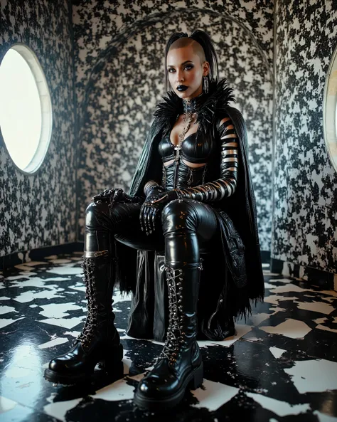 In an environment such as a checkerboard A surreal work that represents a Nordic woman fashion model.  The beautiful punk metal woman wears black leather clothing and spikes with huge platform boots that combine intricate details with abstract and geometri...