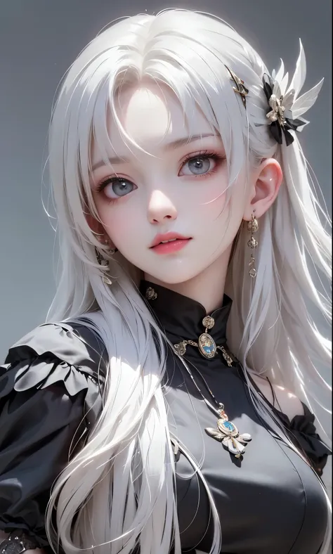 masterpiece:1.5、 Black and White Color Schemes , Sexy Girl, small, Silver Hair, portrait, cute、feather hair accessories