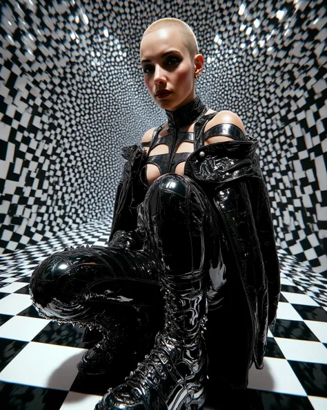 In an environment such as a checkerboard A surreal work that represents a Nordic woman fashion model. The beautiful punk metal woman wears black leather clothing and spikes with huge platform boots that combine intricate details with abstract and geometri...