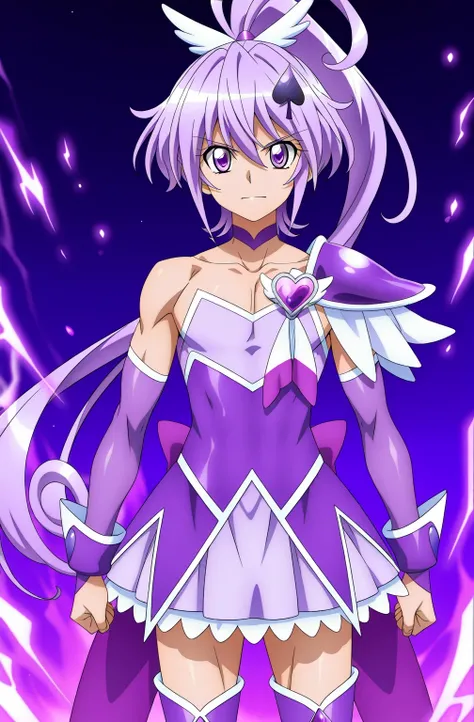 score 9 、score 8 up、score 7 up、source anime、傑作、Best quality、Best resolution、anime coloring、1boy、cure sword、(male:1.5)、purple haired male character is wearing a purple dress、high short ponytail hair、spade shape hair ornament、solo、portrait of magical boy、boy...