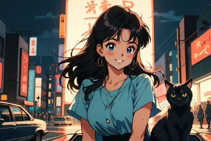 1 cute girl from retro anime, wet pussy of the 80s,  studying 80s anime style, retro anime girls, 1980's anime style, Retro anime images, wet pussy, Chill, sexy eyes , Smile, Black Cat, Folk car, person who blurred the city of Tokyo in the background々, at ...