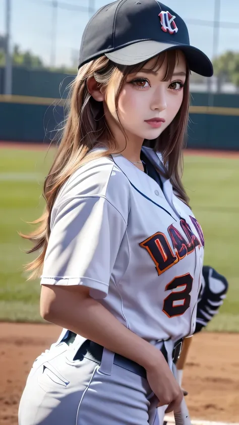 (8k、raw photo、top quality、masterpiece:1.2)、(Realistic、Photoreal:1.37)、Play baseball女の子1人,  Wearing a Baseball Cap , from side,full body, Play baseball, Holding a baseball bat, (Swinging a baseball bat,:1.1) , Wear Baseball Uniforms, wear baseball hat, stan...