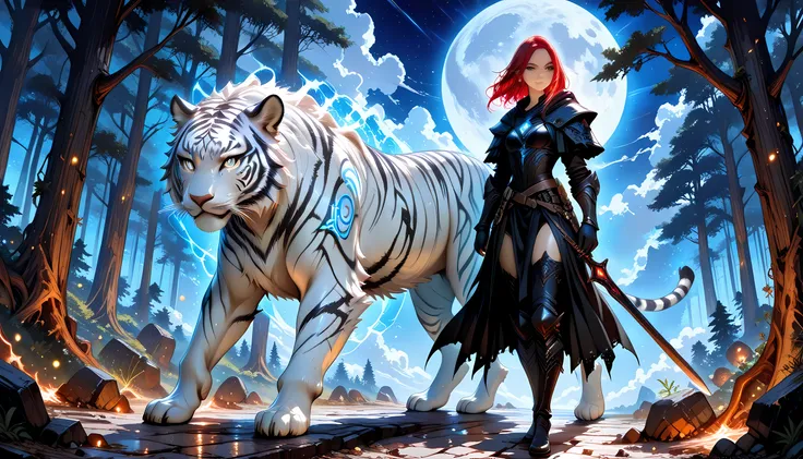score_9, score_8_up, score_7_up, picture of a female dark elf ranger and her pet white tiger,  warrior of nature, fighter of nature, full body, full body (masterpiece, best quality, high quality, detailed, absurdres) talking to an epic ((white tiger:)) (ma...