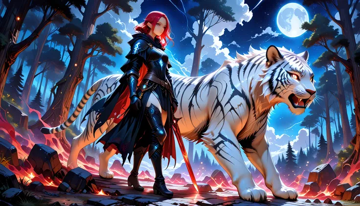 score_9, score_8_up, score_7_up, picture of a female dark elf ranger and her pet white tiger,  warrior of nature, fighter of nature, full body, full body (masterpiece, best quality, high quality, detailed, absurdres) talking to an epic ((white tiger:)) (ma...
