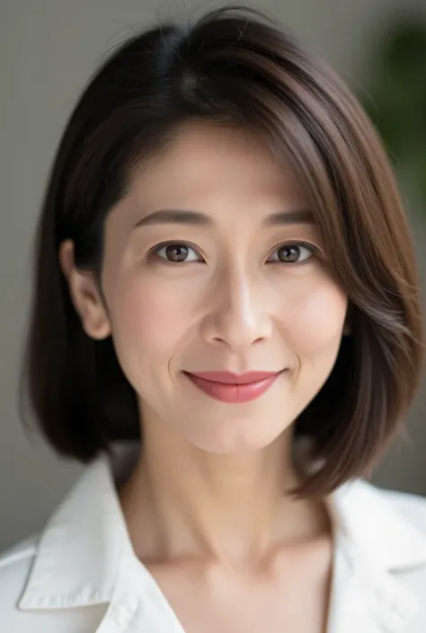 A close-up portrait of a sophisticated middle-aged Japanese woman, 35 years old, with a layered short bob haircut. Her soft waves frame her face elegantly. She has a gentle and refined expression, with a warm smile. She wears natural makeup with soft pink ...