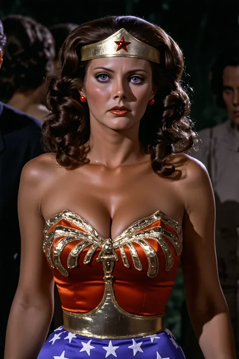 Best quality, 1 girl, downstairs, Wonder Woman , breasts, watching the viewer, Full Body, brunette, brown eyes, Black Forest landscape at night, ((( Surrounded by Unknown Beasts))),Blurred Background, (((Movie Emmanuelle 1974-like erotic scene))), (((...