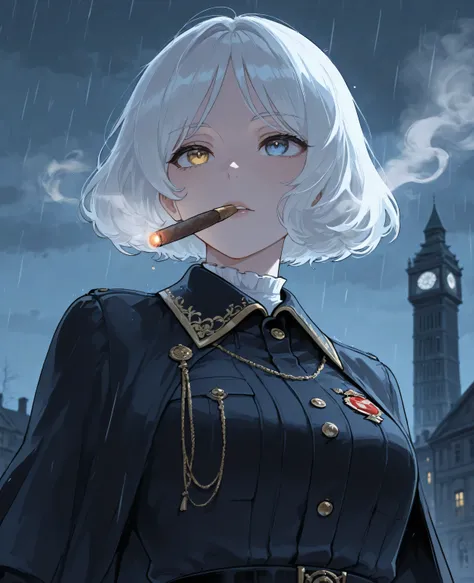 Mago,kaname rana, white hair,short hair,yellow eyes, blue eyes,masterpiece, best quality,   Amazing quality  , Very aesthetic, high resolution, super details, soft,  color, absurd, Latest Stunning, Half Body, Fine face , Beautiful Face, Dynamic Pose, black...