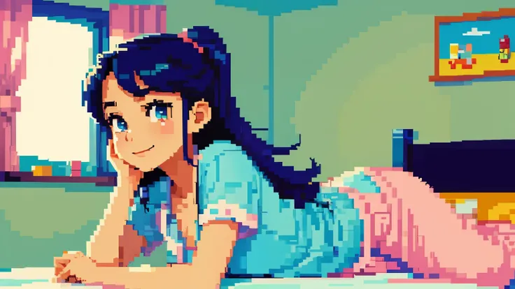 pixel art-style illustration of a beautiful girl。
in an 8-bit style like a retro game、 in a bright pop atmosphere 、a girl who throws a little but with a positive expression is depicted It's there。
the girl is in pajamas looking at her smartphone while lyin...