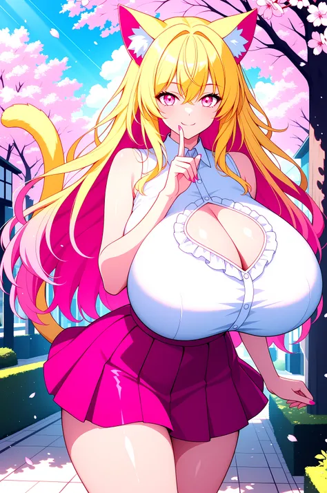 an anime character posing with one finger to her chin, 1girl, bushy tail, cat tail, cat ears, solo, pink eyes, pink nails,long hair, messy hair, shiny hair, multicolored hair, blonde hair, pink highlights, short skirt, white shirt, breasts, smile, sleevele...