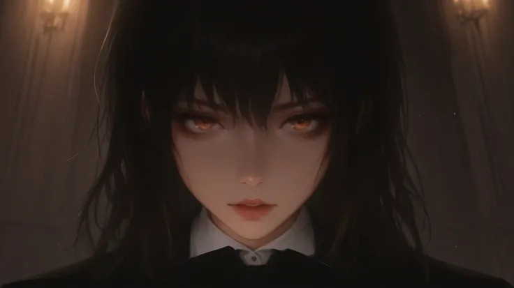 one woman、masterpiece、top quality、Delicate Expression、fantastic atmosphere、 Last Battle、middle ages、formal black suit with rugged eyes 、No expression