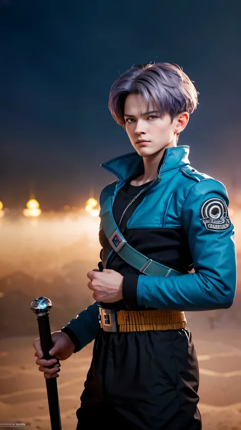 masterpiece, Ultra realistic, 16k, high quality, incredibly detailed, dream aesthetic, dream atmosphere, cinematic, work of art, (sharp focus: 1.5), (photorealistic: 1.3), featured (Beautiful boy), Mirai Trunks (furure trunks from dragon ball z), cinematic...