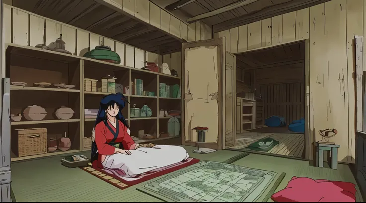 (Drawn in 80’s anime art style. 
Retro anime. Vintage Anime. Classical Anime. 

Location: Sango’s Family Hut (Warrior Residence)
	•	Purpose: The living quarters and planning space for Sango and her family.
	•	Design & Details: Traditional wooden hut with l...