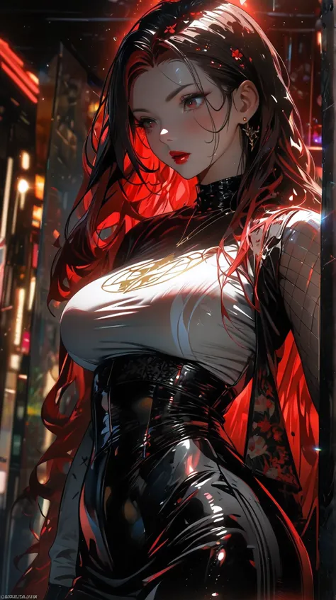 beautiful woman, sexy, gothic,  seductive body,  red aura. [[Fluorescent red hair on the top of the head]] hot redhead! red lips! Deusa! Carnuda! Fat body in the right places! athletic. big breasts. Thick and sexual waist! Full red hair from the top of the...